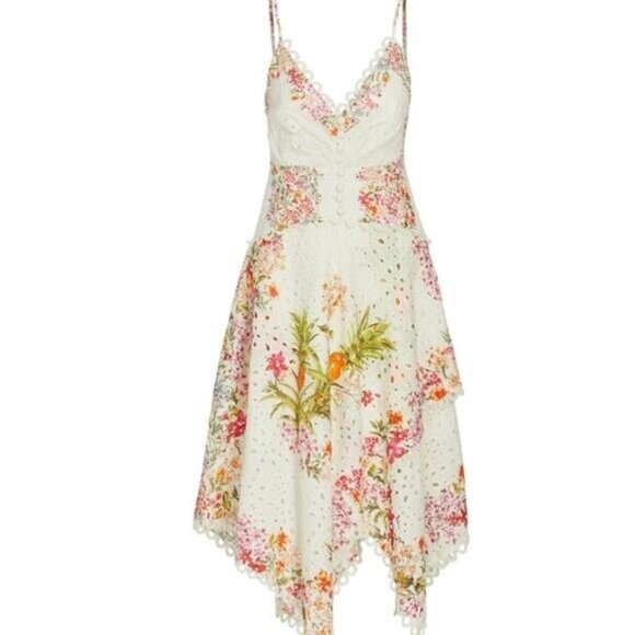 FARM Rio “Delicate Forest Scarves” Eyelet Midi Dress • Rare Print • Size M - Picture 1 of 12